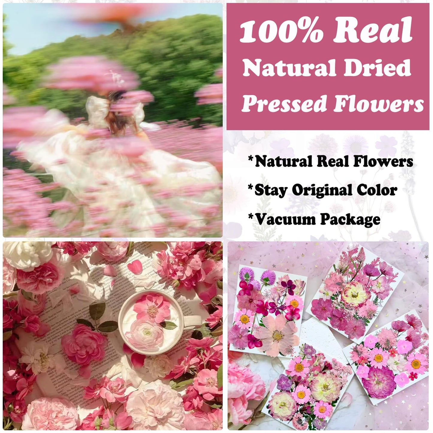 LUCISKY 132Pcs Pink Pressed Dried Flowers and Butterfly for Resin Molds, Real Natural Bulk Dry Floral Leaves Stickers for DIY Art Crafts, Jewelry, Candle, Soap Crafts Making