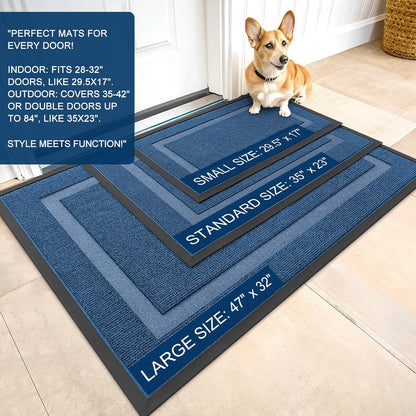 OLANLY Waterproof Front Door Mat - All-Season, Sturdy Natural Rubber, Easy Clean | 59x30, Light Blue