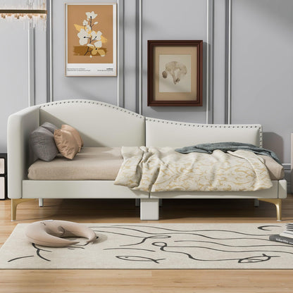 Full Size Upholstered Daybed with Headboard and Armrest, Linen-Finish Bed with Support Legs, Modern Sofa Bed for Guest Rooms, Studio Apartments, or Living Spaces, Sturdy Pine Wood Frame, Beige