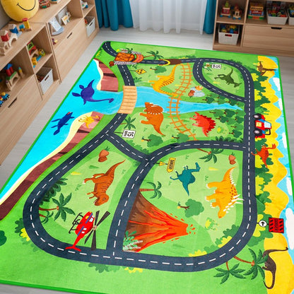 Car Rugs for Kids Toy,78.7"X59" Dinosaur Road Rugfor Kids,Non Slip Dino Safari Cars Track Rug,Washable Kids Carpet Playmat Rug for Playroom Bedroom Boys,Track Play Carpet for Kid