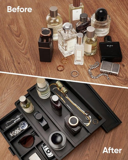 BRITEREE Cologne Organizer for Men, 3 Tier Wooden Cologne Stand with Drawer Storage and Hidden Compartment, Perfume Display Holder for Dresser, Great Gifts for Men and Women Valentine, Black
