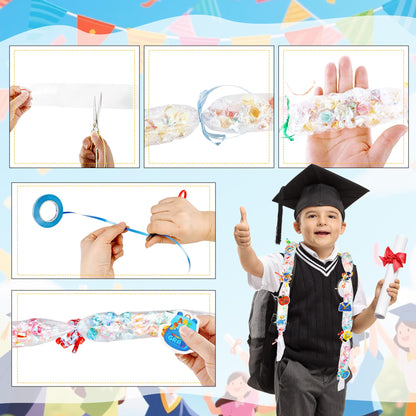 Barblog 172 Pcs Graduation Candy Lei Making Kit Including 16 Mini Bear Stuffed 16 Candy Lei Tubing 128 Paper Cut 4 Rolls Ribbons 8 Sticky Dots for Kindergarten College Grad Party Gifts