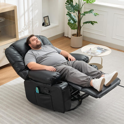 Rocker Recliner Chair with Heat and Massage,Nursery Recliner 360° Swivel Oversized Chairs for Adults,Chenille Lazy Boy Single Sofa Seat with 3 Positions,Side Pockets,Cup Holders for Living Room Black