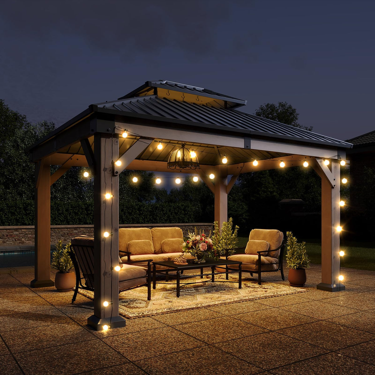 Aoxun 10' x 12' Outdoor Wood Gazebo, Hardtop Gazebo Permanent Wooden Pavilion with Galvanized Steel Double Roof, and LED Outdoor Waterproof Hanging Lights, for Patio, Garden, Deck, Cedar Wood, Grey