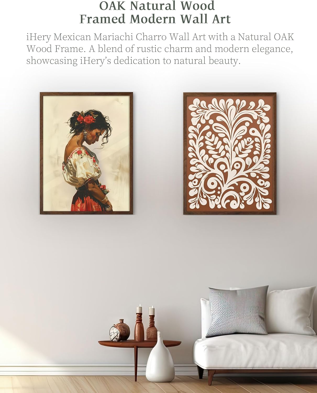 12x16in 1Pack iHery Natural OAK Walnut Color Wood Abstract Mexican Framed Wall Art, Talavera Tile Burnt Orange