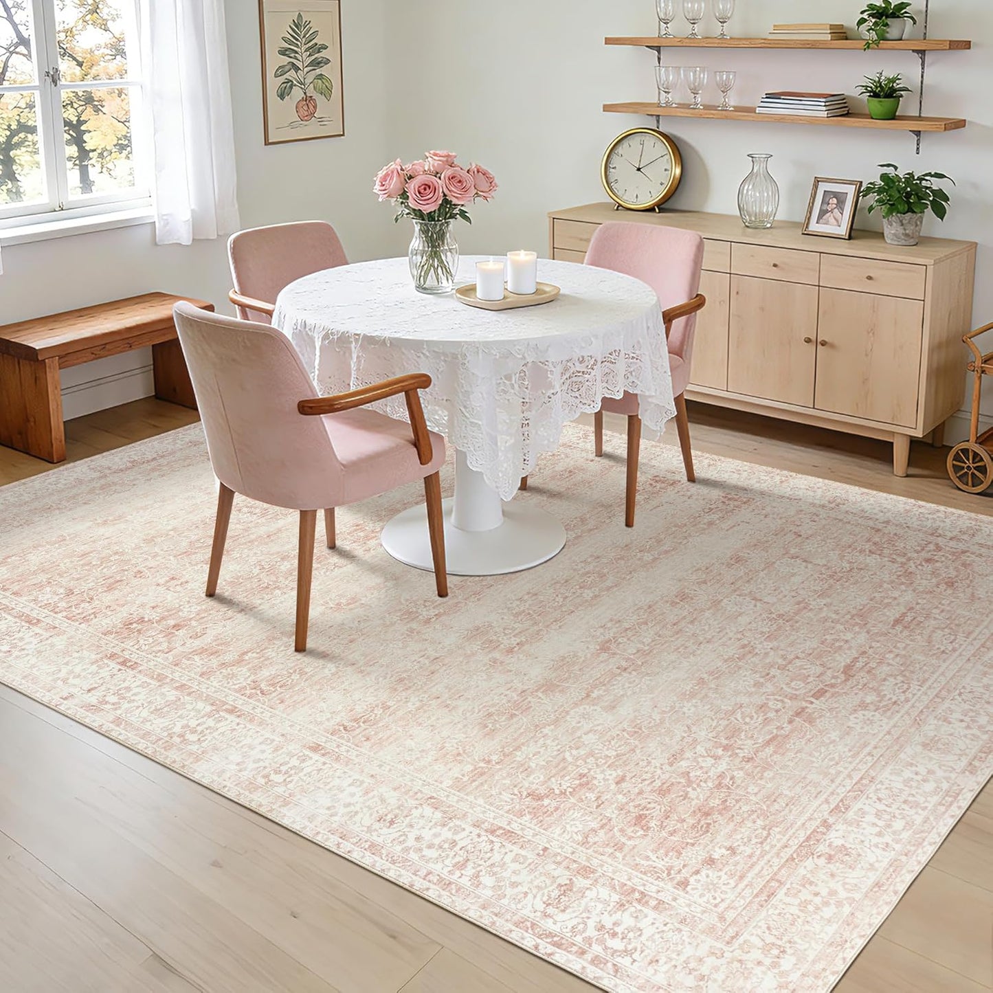 5 7 Playroom,5x7 Pink Nursery Rug for Baby Girl x Neutral Blush Pink Boho Cute Floral Foldable Machine Washable Low
