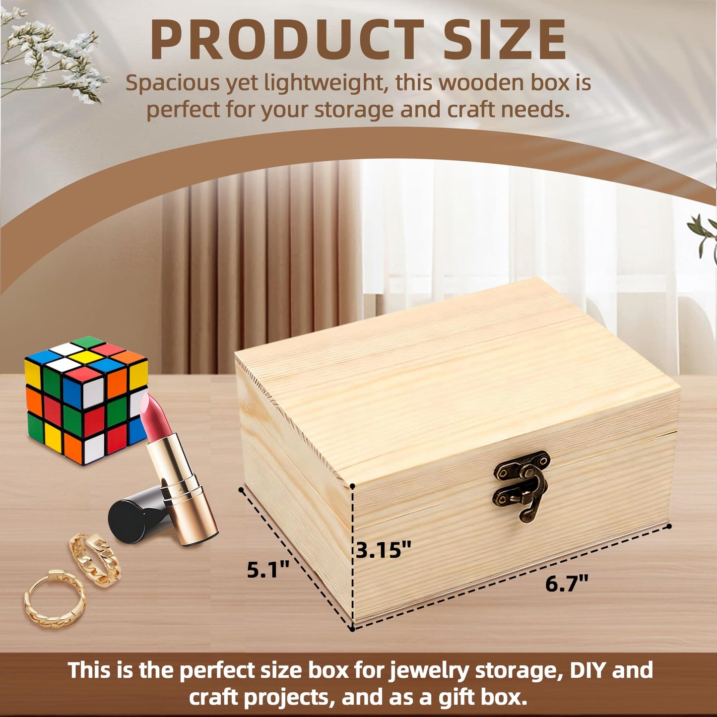 VIKOS Products Unfinished Unpainted Wooden Box with Hinged Lid for Crafts DIY Storage Jewelry Plain Pine Box - Small 6.7"x5.1"x3.1" - 2-Pack