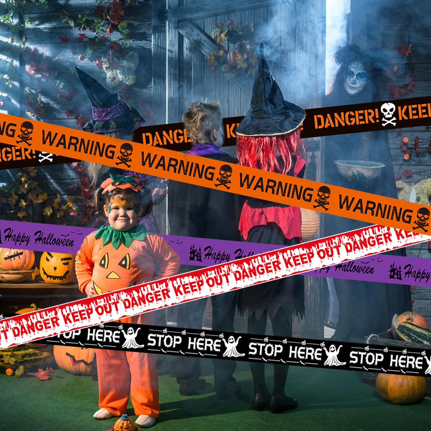 OZIO 5 Rolls Halloween Decorations Caution Tape, 100 ft Reusable Glue-Free Warning Tape, Creepy Scary Decoration Fright Tape Spooky Party Haunted House Props for Haunted Houses, Vampire Parties