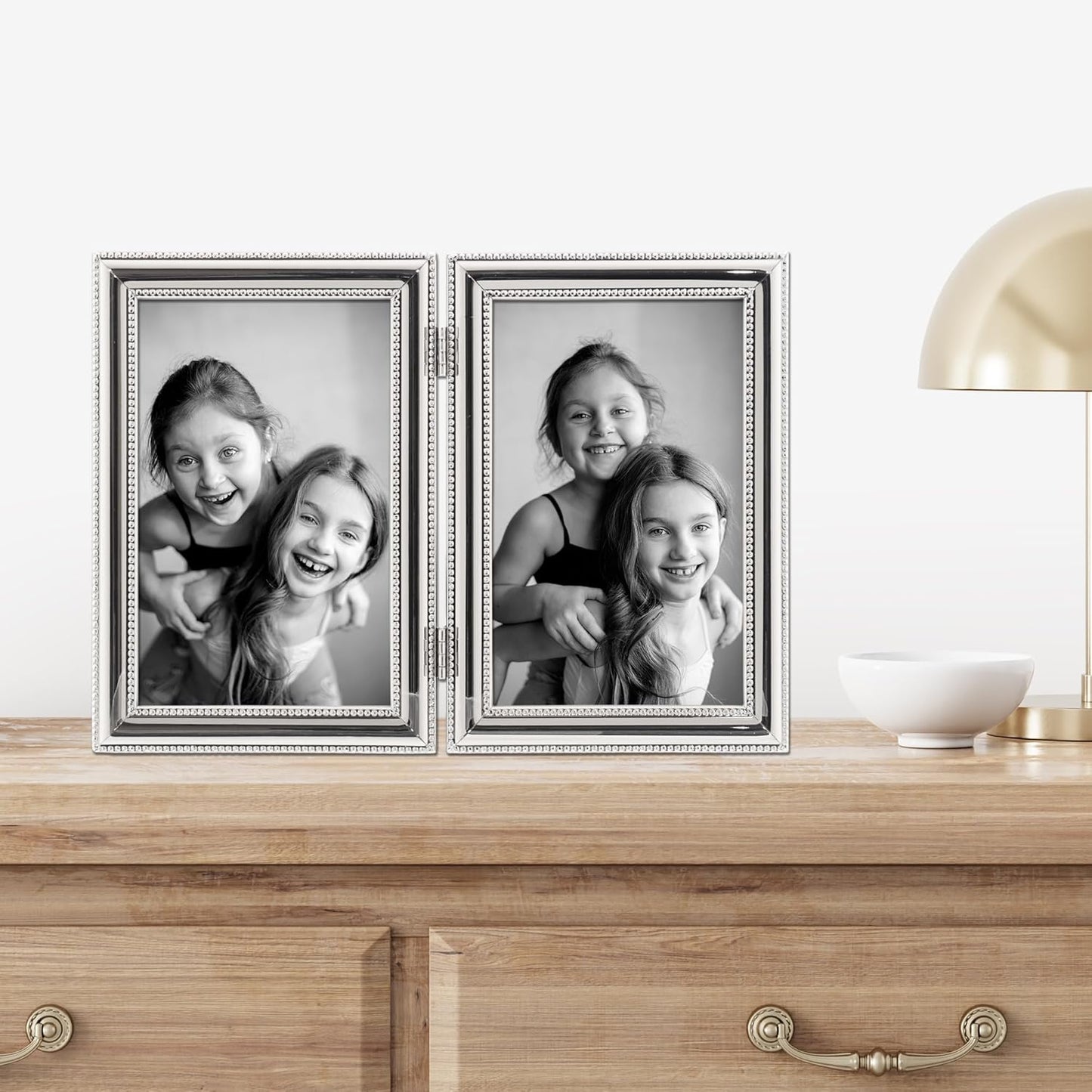 Lawrence Frames 4 by 6-Inch Hinged Double Metal Picture Frame, Silver-Plate with Delicate Beading (Vertical)