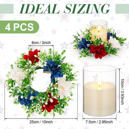 Yunlly 4 Pcs Artificial Dahlia Candle Rings Wreaths, Patriotic Red White and Blue Floral Rings Holders with LED Flameless Candles for 4th of July Independence Day Memorial Day Table Centerpiece