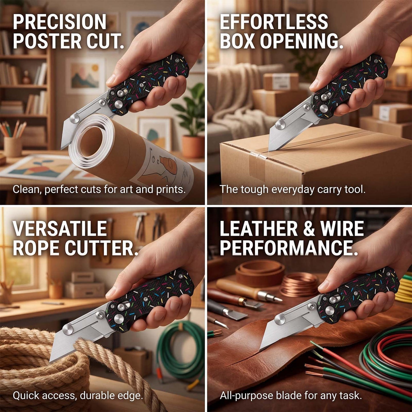 Folding Utility Knife for Women Men,Quick Change Box Cutter with 10Pcs SK5 Replaceable Blades,EDC Razor Knife for Cartons,Cardboard,Boxes,Christmas Stocking Stuffers Gifts for Men Husband(donut black)