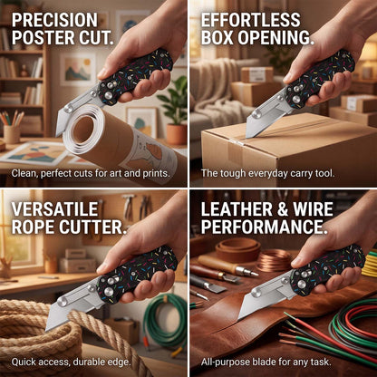 Folding Utility Knife for Women Men,Quick Change Box Cutter with 10Pcs SK5 Replaceable Blades,EDC Razor Knife for Cartons,Cardboard,Boxes,Christmas Stocking Stuffers Gifts for Men Husband(donut black)