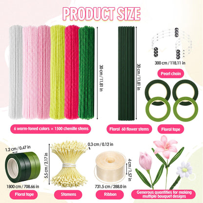 Rivvlive Pipe Cleaner Flower Kit, 1500 Pcs Pipe Cleaners Craft Chenille Stems Bulk with Floral Wires DIY Bouquets Gardening Tape Stamen Ribbon Beads for Art Craft Supplies Gift(Pink Set)