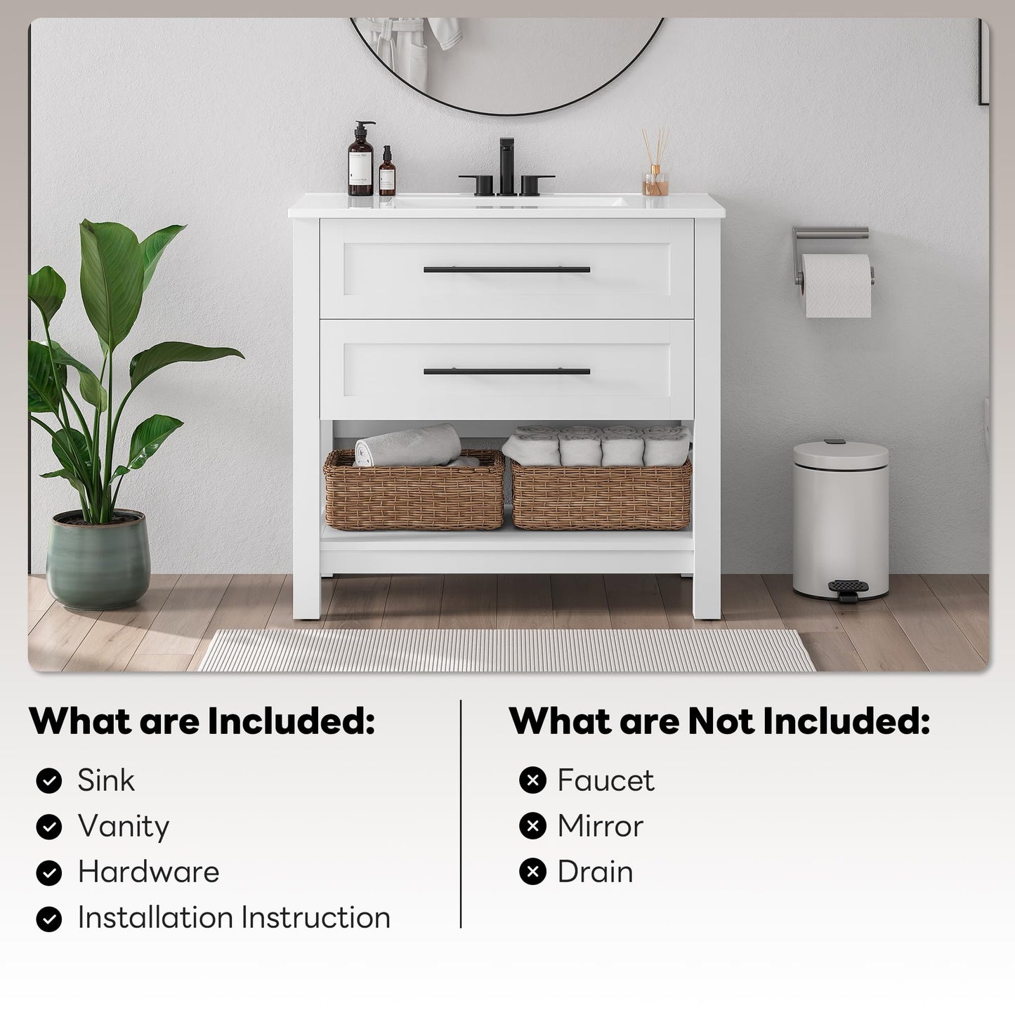 LIKIMIO 36" Bathroom Vanity with Sink, Freestanding Bathroom Vanity with 2 U-Shaped Drawers & Open Shelf, Integrated Ceramic Sink, Modern Bathroom Storage Cabinet, Easy Assembly, White