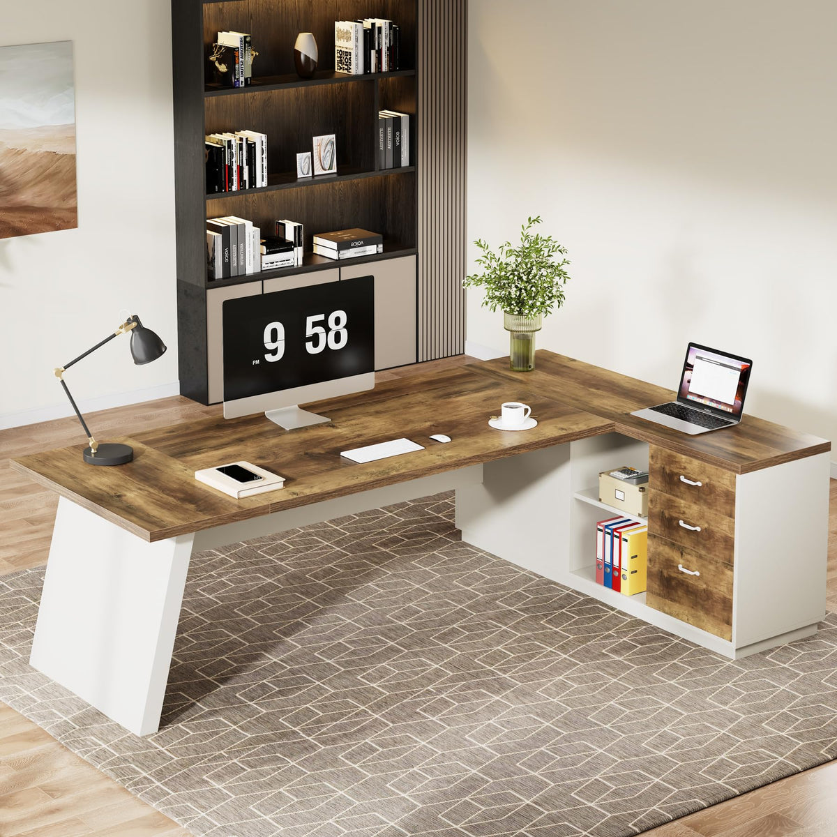 Tribesigns 78" L-Shaped Executive Desk, Large Modern Office Desk with Drawers and Lateral File Cabinet, Business Furniture with Storage Shelves, Big Computer Desk for Home Office (Brown + White)