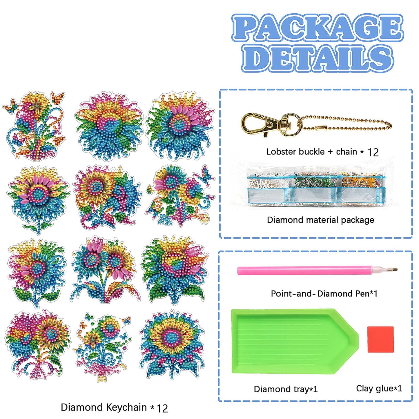 C'eitura 12-Pack DIY Colorful Sunflower Diamond Art Keychain Kits, Cute Keychains for Bags, Keys, Backpacks, Sparkling Art & Craft Gifts for Kids, Teens, Adults