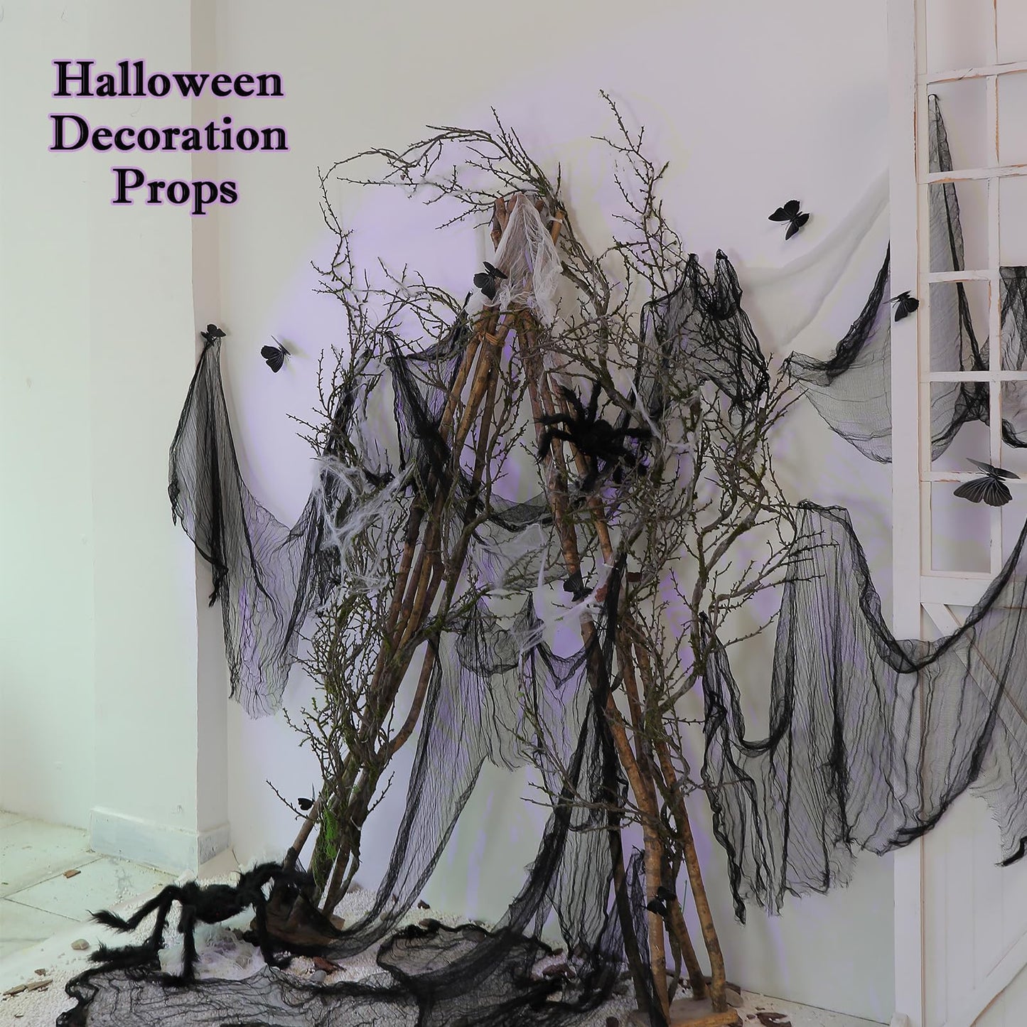 74.8inch Long Malleable Black Halloween Tree Weeping Branches Twigs Greenery Garland Hanging Moss Faux Ghost Grape Vine for Haunted Forest Outdoor Mantel Fireplace Porch Arch Stairway Yules Decor (2)