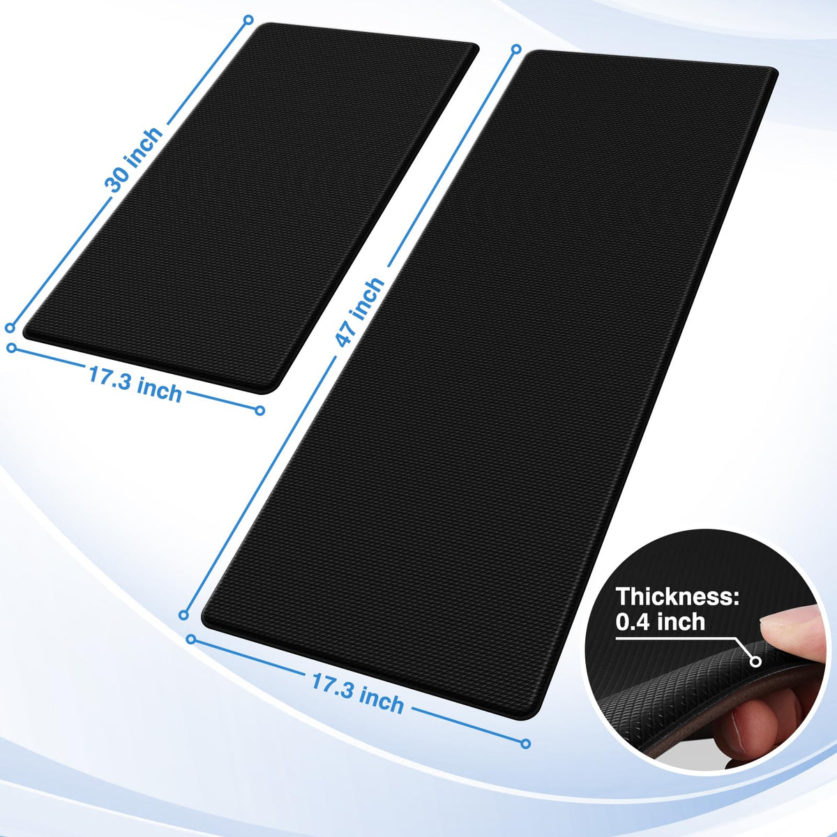 StepRite Kitchen Mats, 2PCS Kitchen Rugs, Cushioned Anti Fatigue Kitchen Mats for Floor, Non-Slip Standing Desk Mat, Waterproof Kitchen Rug Set for Kitchen, Floor, Office, 17.3"x30"+17.3"x47", Black