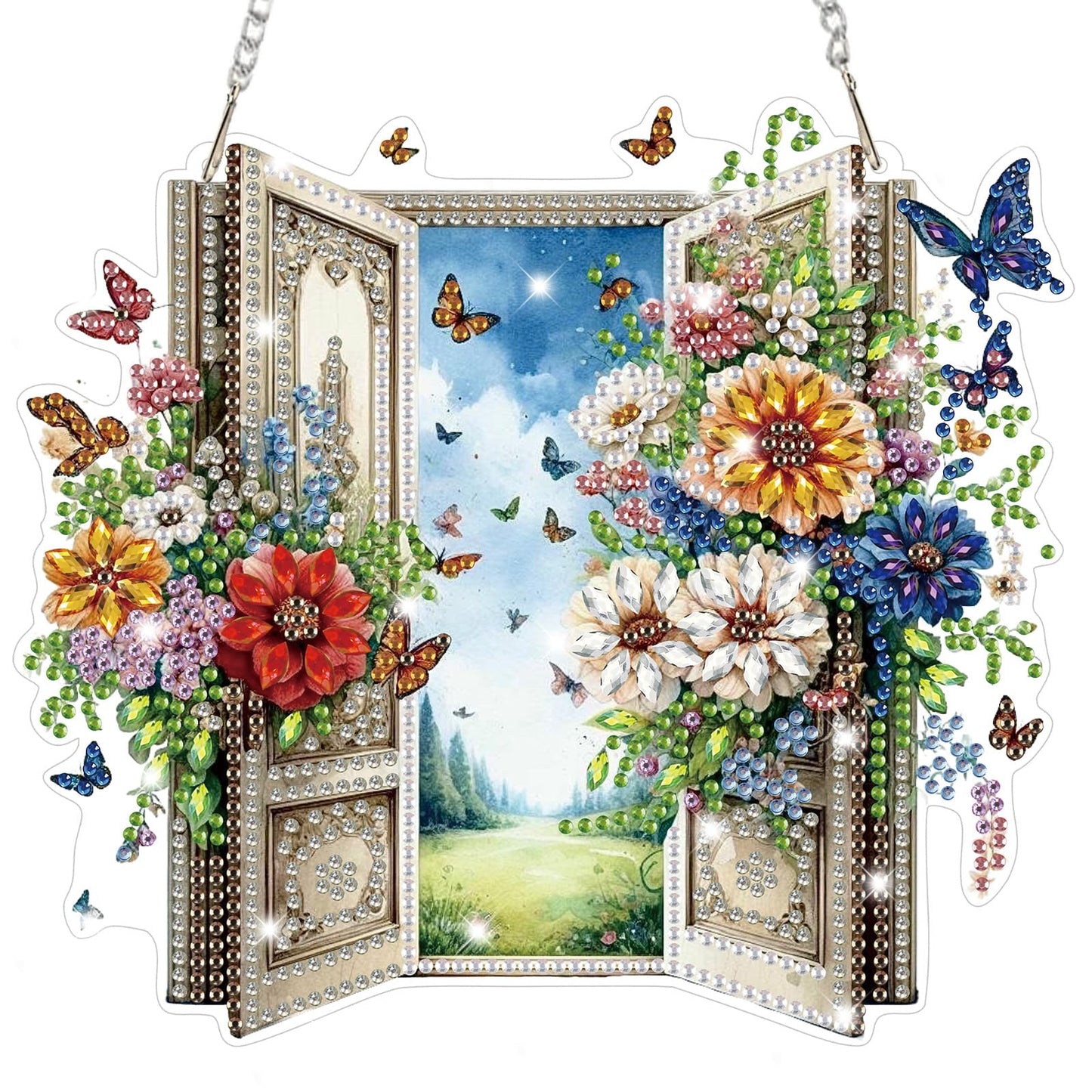 Bowetile Garden Scene Diamond Art Hanging Kits for Adults, Diamond Art Suncatchers Enchanted Flower Door, 5D Special Shape Diamond Painting Pendant Window Ornament Gifts for Home Wall Decor