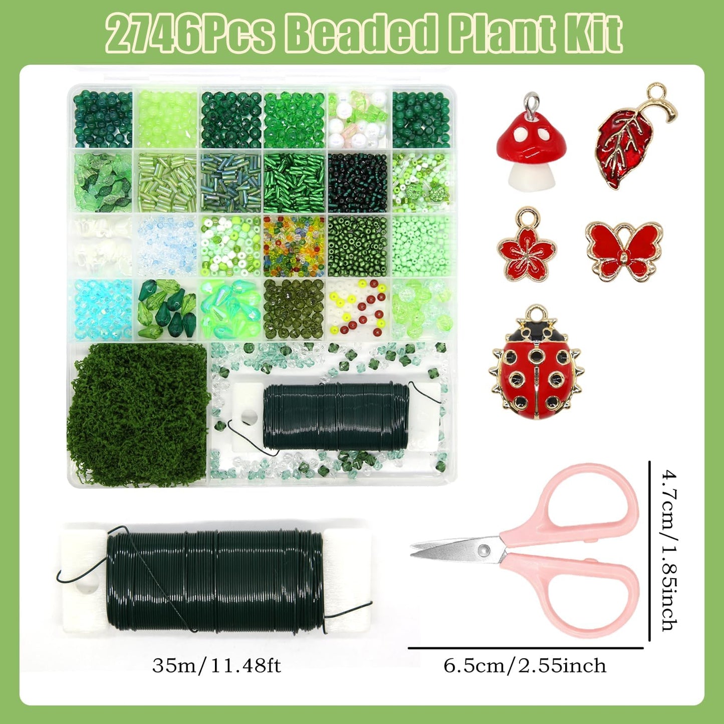 CYUXING 2746Pcs Beaded Plant Kit, Green Glass Beads for DIY Succulent Plants, Craft Beads Set with Ladybug Charm Floral Wire for Home Decor Jewelry Making, Artificial Greenery Supplies