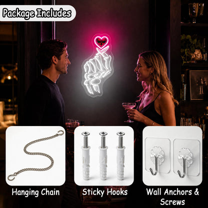 Whfobfe White&Pink Neon Sign Led Neon Lights Signs for Wall Decor USB Powered Led Signs for Room Decoration-Skeleton Finger Heart
