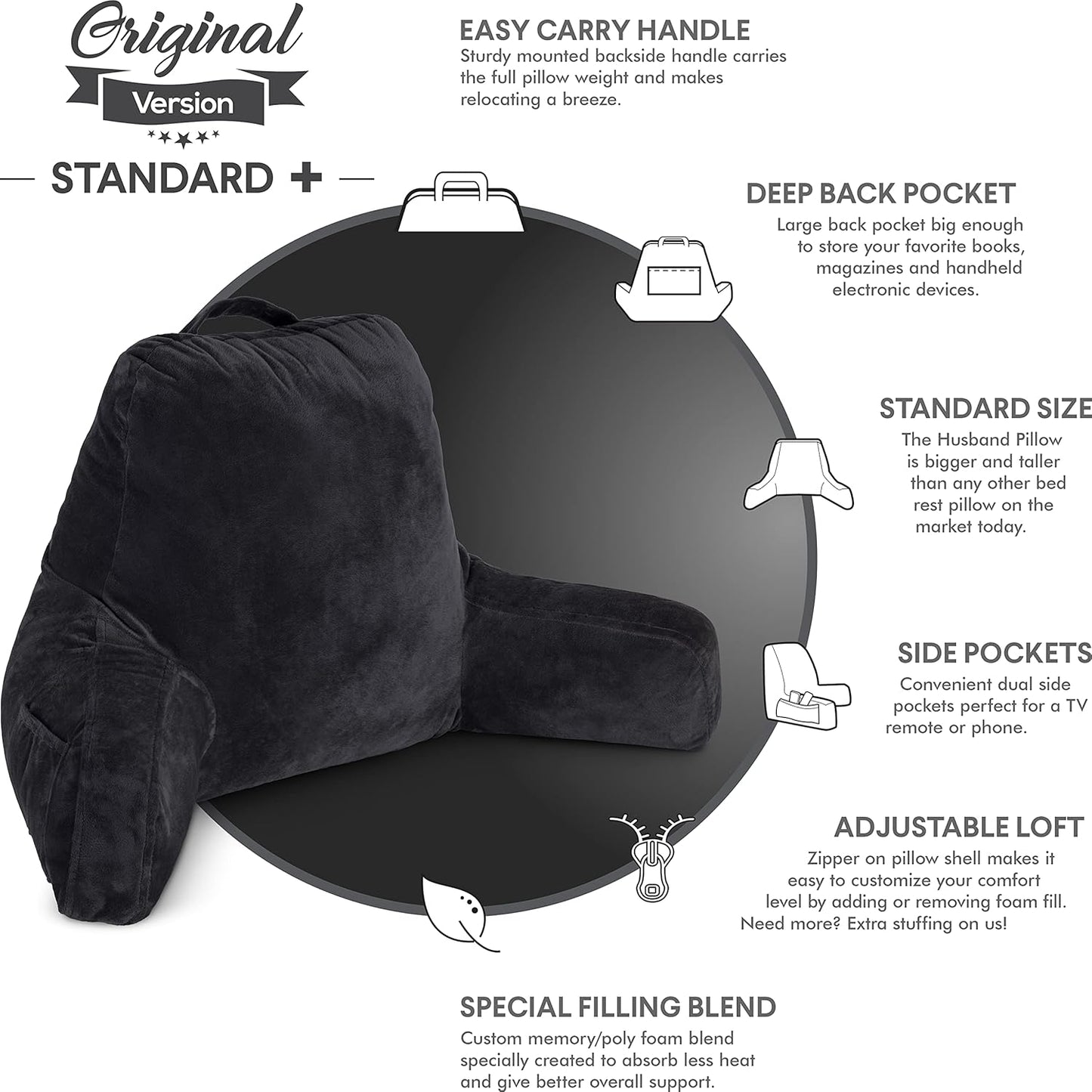 Husband Pillow Black, Original Reading Pillow in Bed Rest Chair, Shredded Memory Foam Large Lounge Cushion Adult
