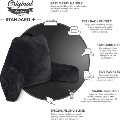 Husband Pillow Black, Original Reading Pillow in Bed Rest Chair, Shredded Memory Foam Large Lounge Cushion Adult