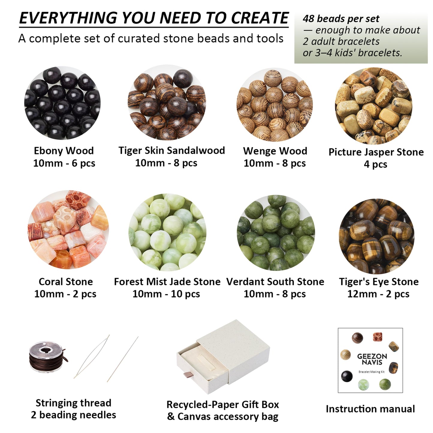 Geezon Navis Bracelet Making Kit - 10mm Natural Stone Beads with Wooden Beads - 48pcs Multicolor - DIY Jewelry Making Starter Kit Adult Men Women Birthday Mothers Day Gift Craft (48, Color A)