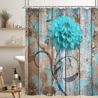JAWO Teal Dahlia Shower Curtain Set with 12 Hooks - Dahlia Flower on Rustic Wooden Plank Country Style, Waterproof Bath