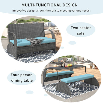 Llsmnba 2-in-1 Outdoor Convertible Bench to Picnic Table, Loveseat Sofa Set with Cushions, Patio Dining Furniture Set, Blue Cushion