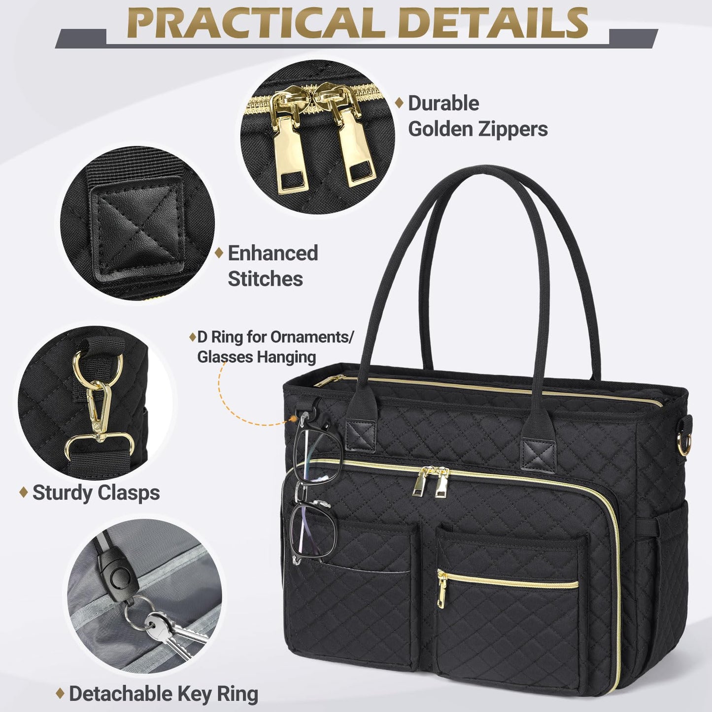 RAINSMORE Teacher Tote Bag 15.6 inch Laptop Bag for Women Work Bags Laptop Tote Nurse Bag Professional Computer Messenger with Insulated Pocket, Laptop Briefcase for Office, College, Nursing, Black