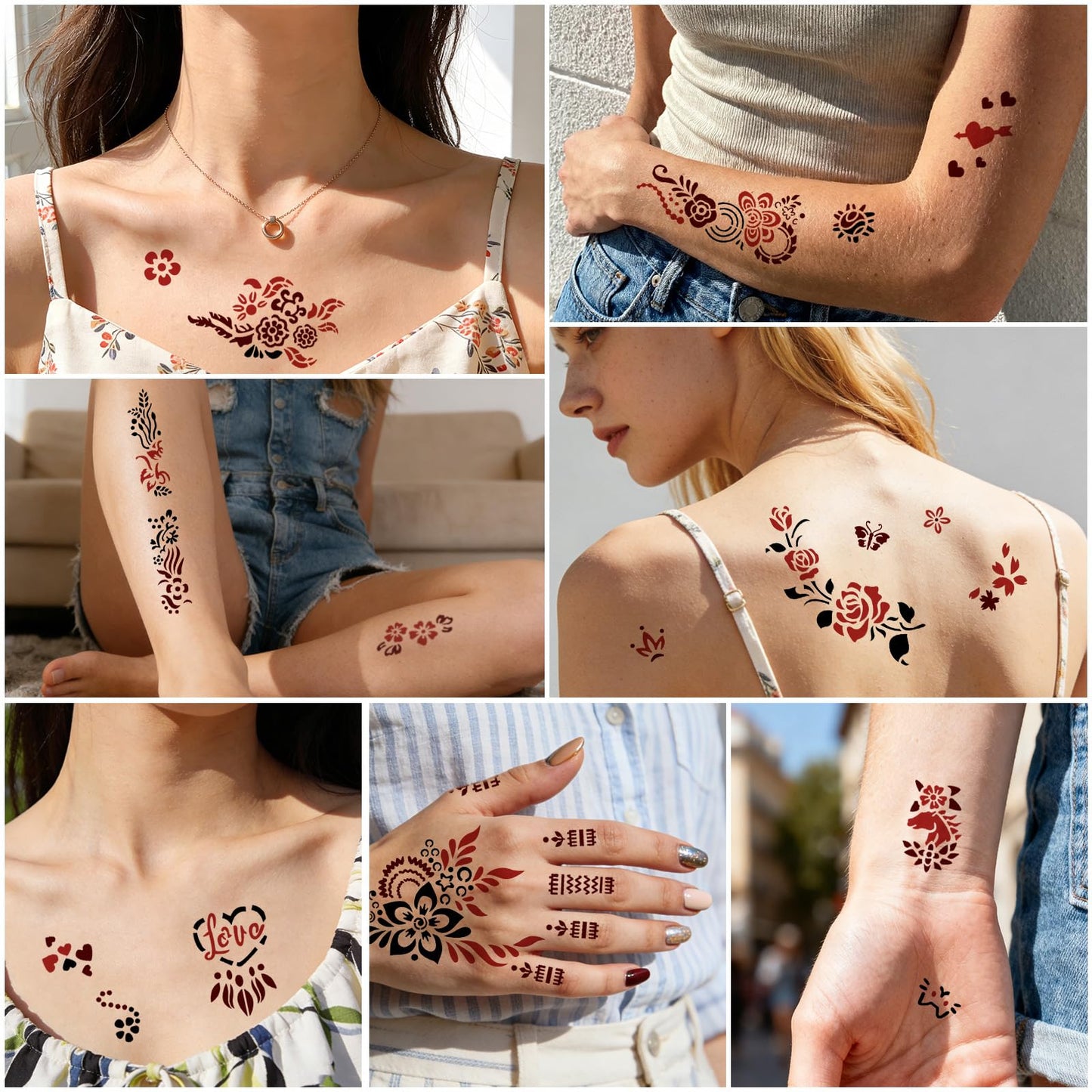 Gabizafia 136 PCS Henna Tattoo Stencil Kit, 6 PCS Ink Brown Black Cherry Red Henna DIY Face Body Art Mehndi Henna Stencils Skin Painting Tattoos Kit for Adult Women Men Bridal Wedding Ramadan Party