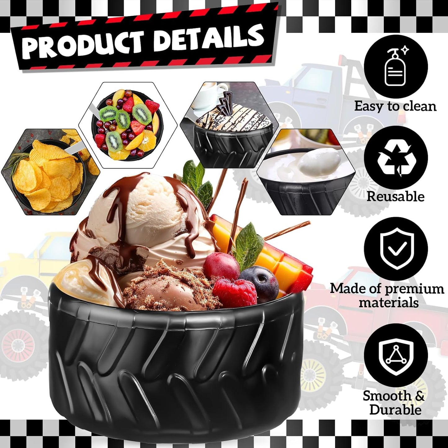 24 Sets Set, Frozen Uiifan Truck Wheel Ice Cream Bowls Spoon Plastic Race Car Party Yogurt Cups with Spoons Sturdy