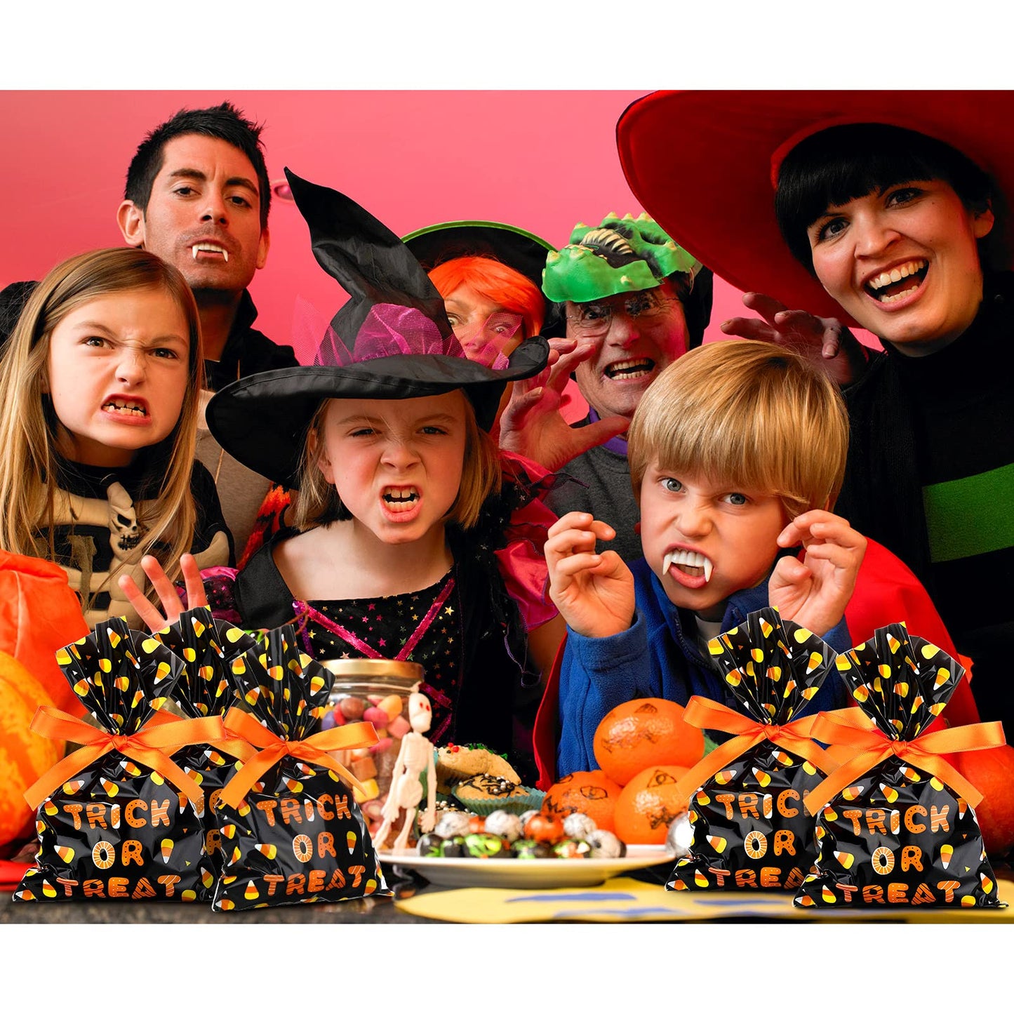 Tenare 100 Pcs Halloween Cellophane Treat Bags Plastic Goodie Candy Bags Corn Wrapped Gift Loot Bags with 22 Yards Ribbon for Treating Class Parties Favor Crafts, 6 x 9 Inch