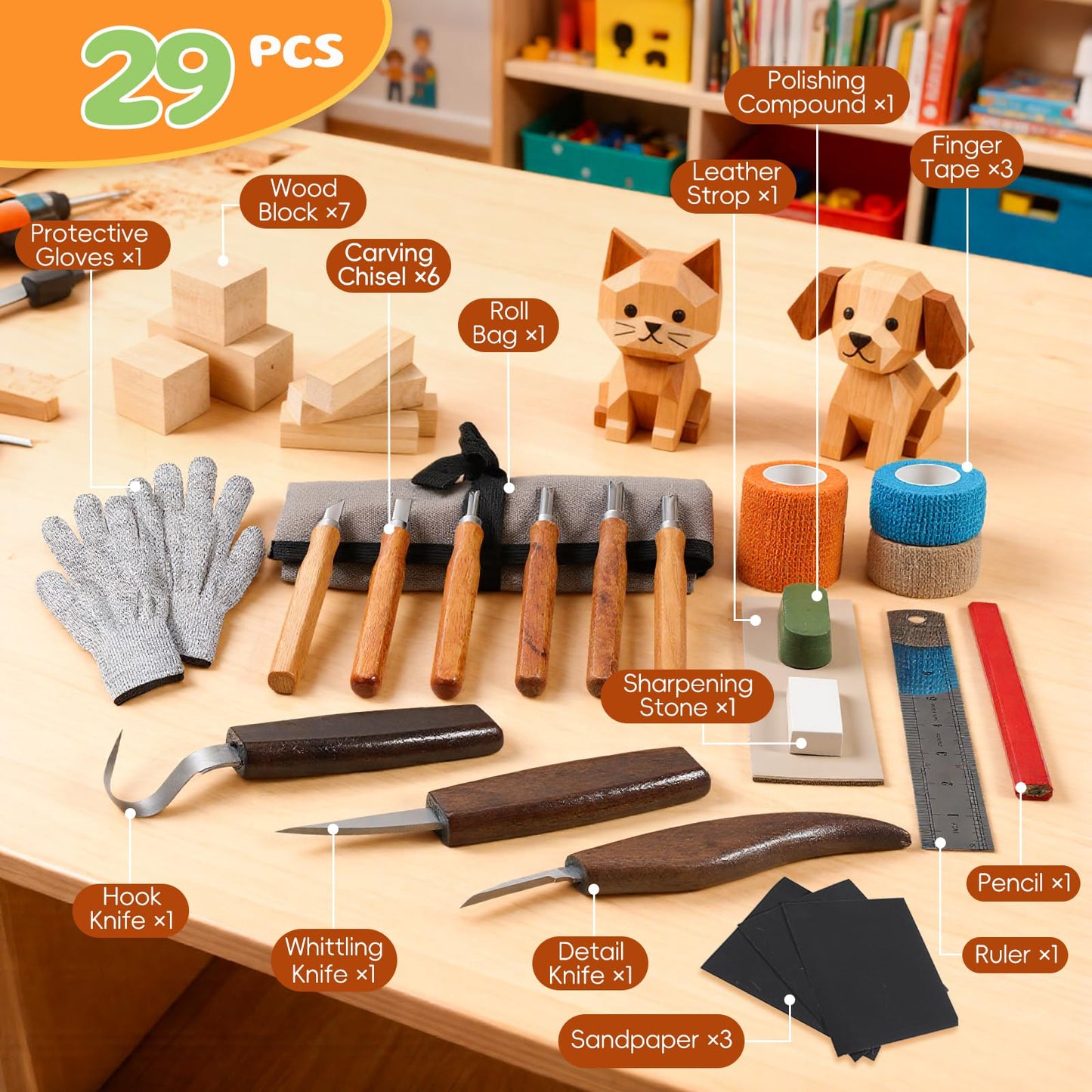 Housolution Wood Carving Kit with Carrying Bag, 29PCS Wood Carving Tools Whittling Kit Includes Carving Knives Carving Chisels Basswood Blocks Gloves, Woodworking Tools for Beginners DIY Hobbies, Gray
