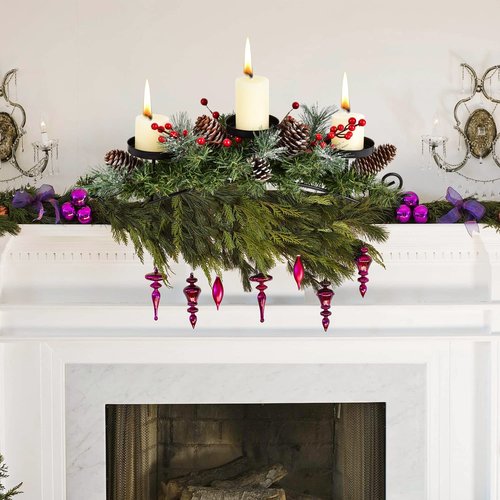 Artiflr 20 Inch Christmas Candle Holder Centerpiece with 3 Candle Holders, Pine Cones, Red Berry Table Accent for Festival Home Decoration
