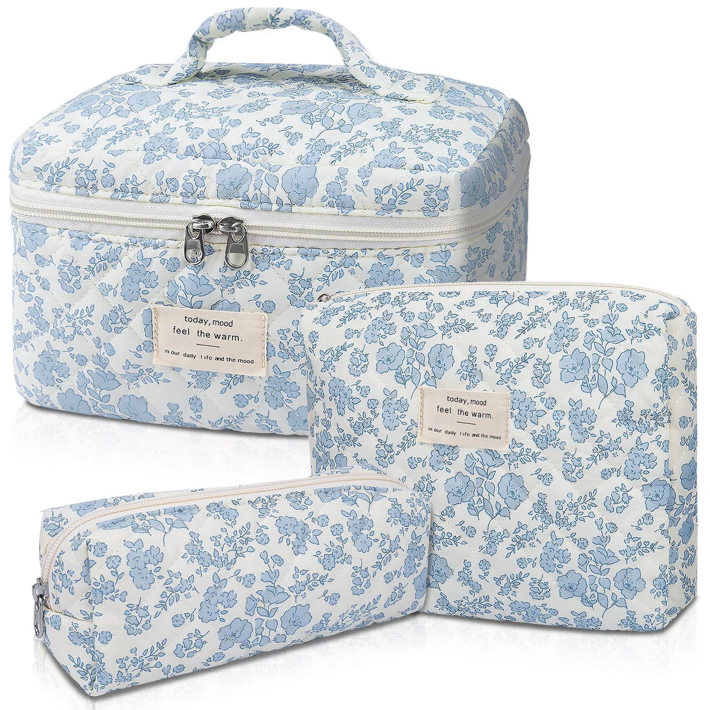 Makeup Bag, Large Quilted Cosmetic Bag, Big Floral Make Up Bag for Women Girls, Cute Cotton Makeup Bag Set, Flower Travel Toiletry Organizer Bag