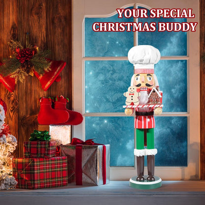 GlisDyck 15 Inch Chef Nutcracker Christmas Decor, Nutcrackers Figures, Festive Collectible Figurine Gift for Table Desktop Fireplace Thanksgiving Holiday Display (White Green)