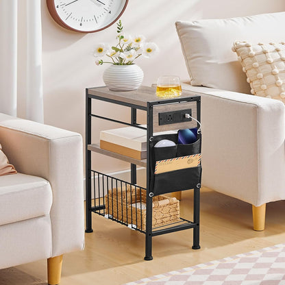 3-Tier BG412UBZ01 HOOBRO End Table with Charging Station, Small Side Table with Magazine Holder, Nightstand Bedside