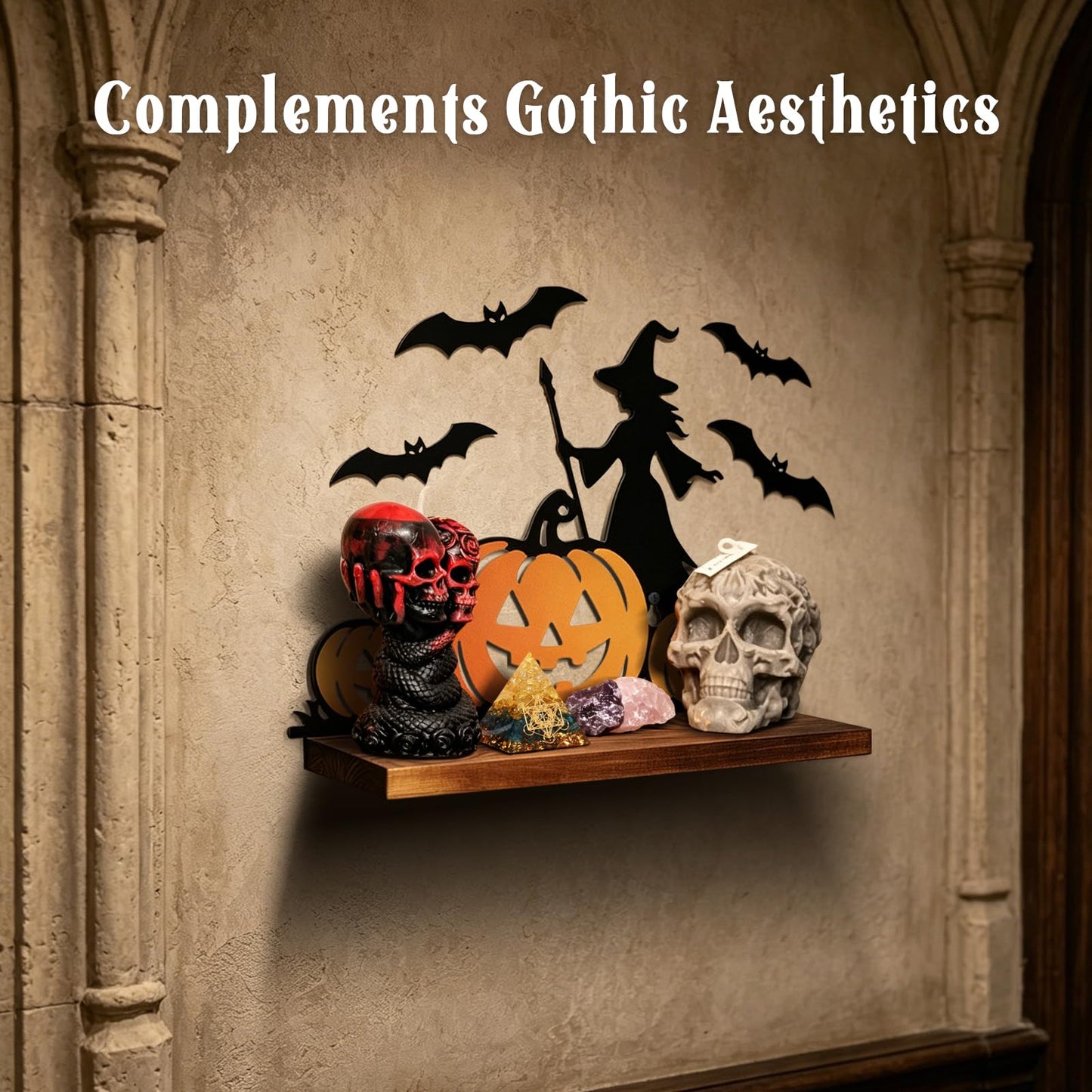 Pracaniz Halloween Pumpkin Shelf Decor, Witch Bat Iron Silhouette Tabletop Shelf Sitter with Rustic Wood Base, Halloween Mantel Decor Indoor, Witchy Gothic Accent for Crystals, 11" × 7.5"