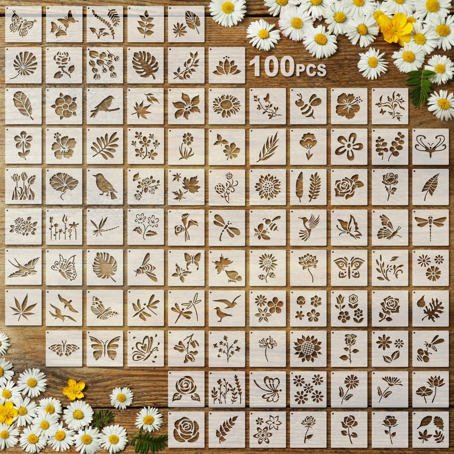 Fainne 100 Pcs 2 Inch Stencils Small Stencils for Painting on Wood Reusable Painting Templates Crafts for DIY Scrapbook, Wood, Wall, Fabric, Rock, Chalkboard, Sign(Flower, Plants)