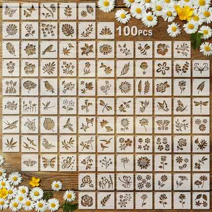 Fainne 100 Pcs 2 Inch Stencils Small Stencils for Painting on Wood Reusable Painting Templates Crafts for DIY Scrapbook, Wood, Wall, Fabric, Rock, Chalkboard, Sign(Flower, Plants)