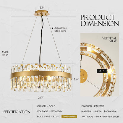 lighceac 21.7" Gold Modern Crystal Chandelier Light Fixtures Luxury 2 Rings Crystal Chandeliers for Dining Room 12-Light Round Hanging Pendant Lighting for Living Room Kitchen Island Entryway Bedroom