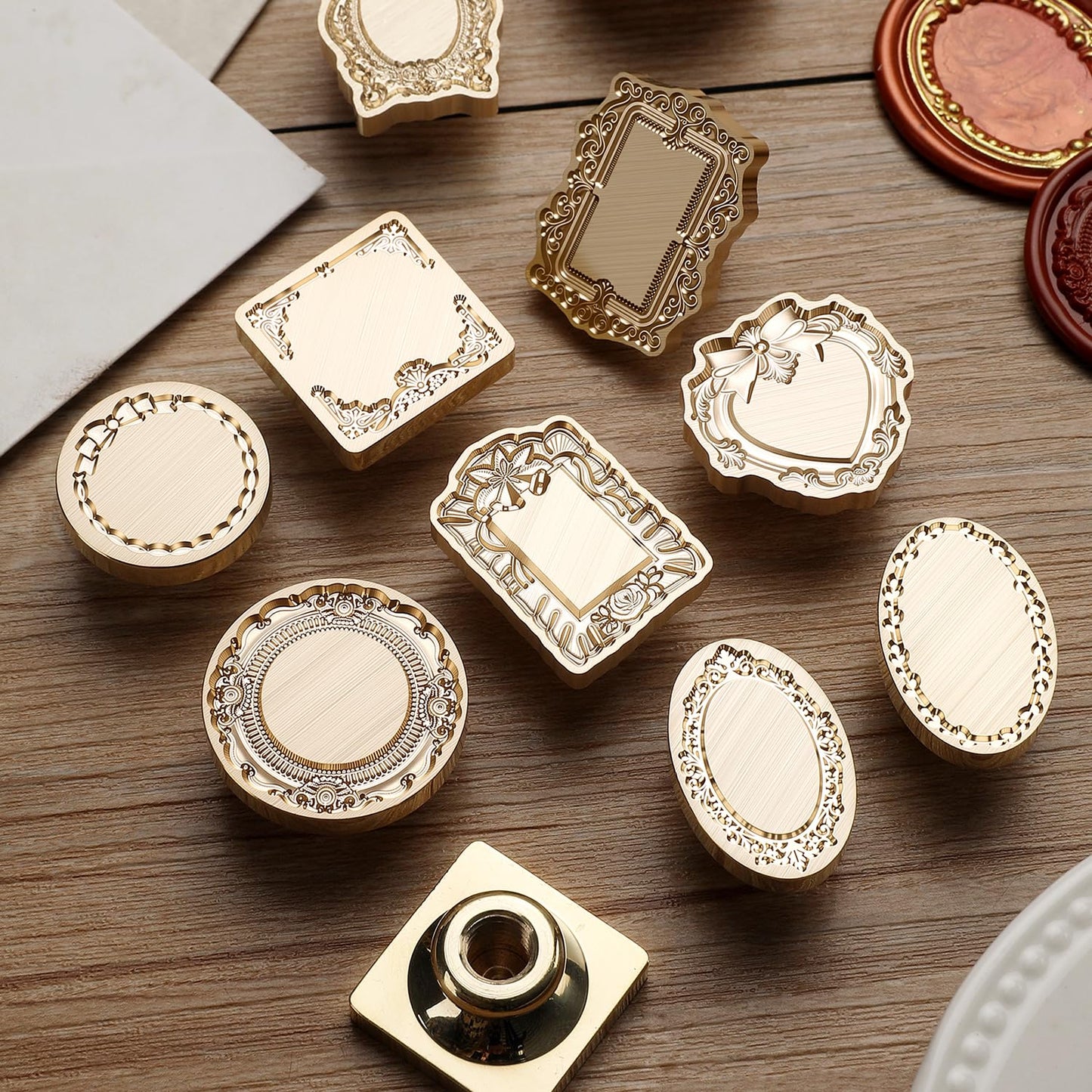 6-in-1 Vintage Embossed Frame Wax Seal Stamp Kit- Rectangle & Oval & Heart 3D Relief Photo Frame Seal Stamps with Wood Handle, Retro Sealing Wax Stamp for Wedding Invitations, Letters (6B)