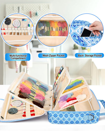 Telawsfun Sewing Supply Storage Bag with Removable Binder, Large Capacity Sewing Organizer Tote With Multi Pocket for Threads, Needles, Scissors, Craft Supplies(Blue Floral)