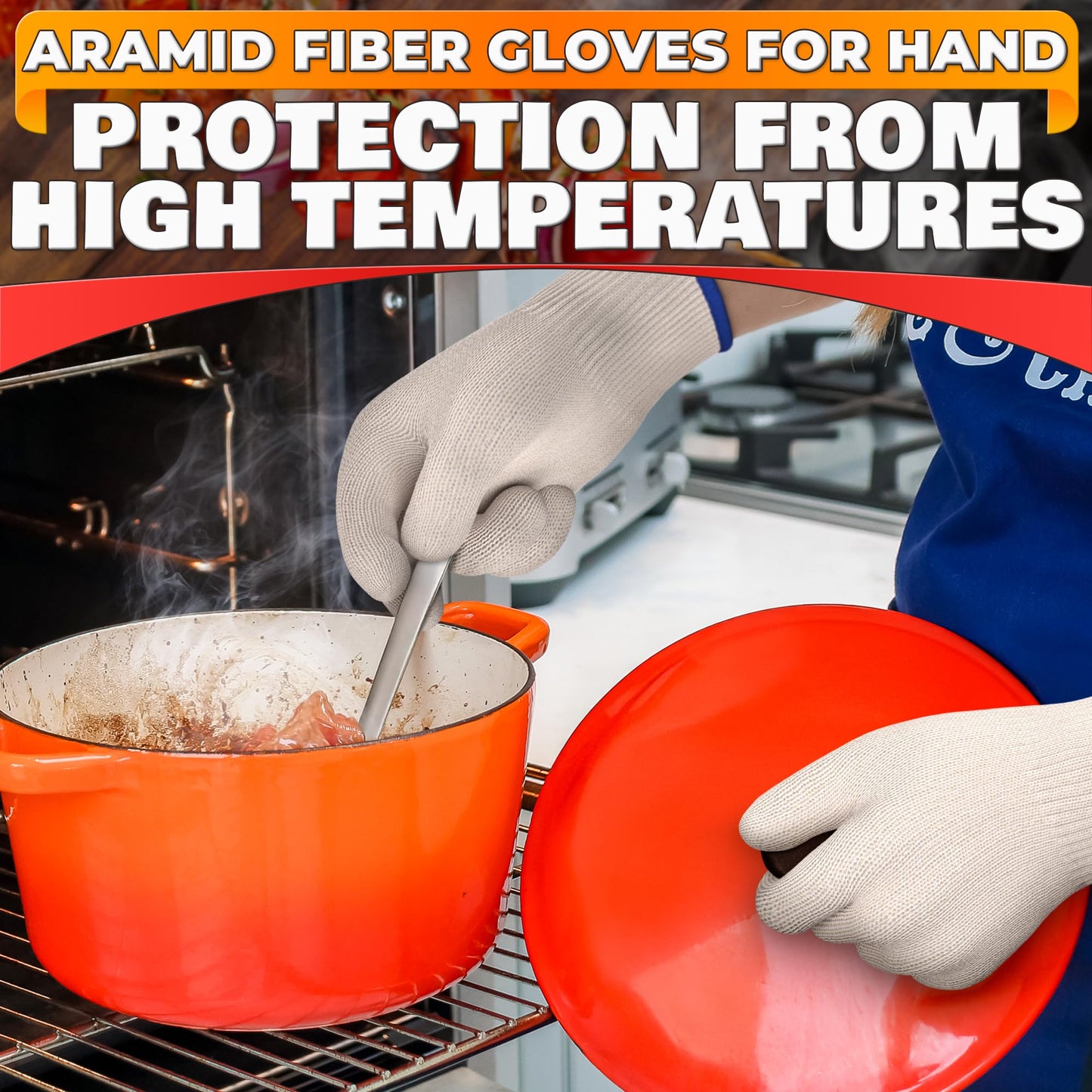 Heat Resistant Gloves for Cooking & Grilling – Aramid Oven Mitts Gloves with Fingers, Thick Knit Design Ensures Short-Term Hand Protection up to 932°F – Secure Grip for Baking, Fryer, and BBQ