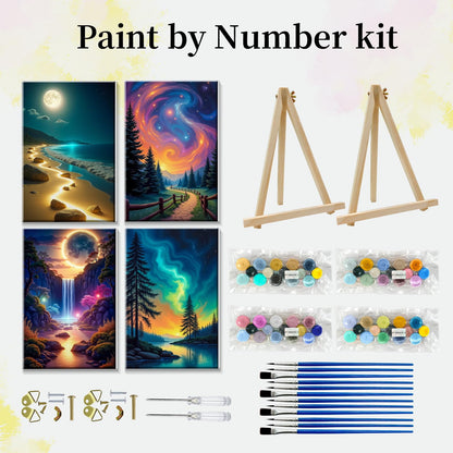 JOOZ 4 Pack Paint by Numbers Kit for Adults with Frame Aurora Paint by Number with Easel DIY Mountain Landscape Adult Paint by Number Kits Moon Oil Painting Kits for Home Wall Decor 8x12 Inch