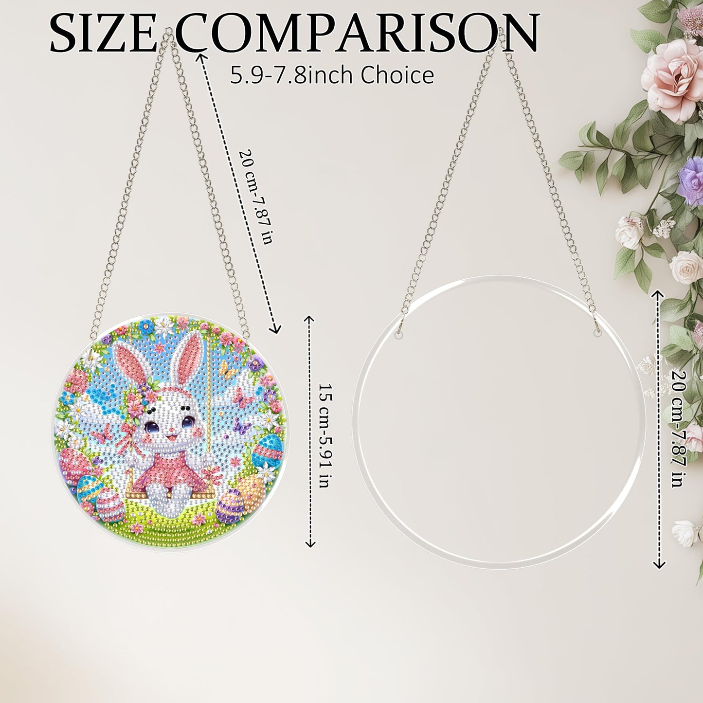 Eiflow Glass Diamond Art Kit Hanging Ornament, DIY Stained Glass Diamonds Painting Hanging Board Kit, Crystal Diamond Art Painting Easter Pendant Full Drill (Swing Bunny)