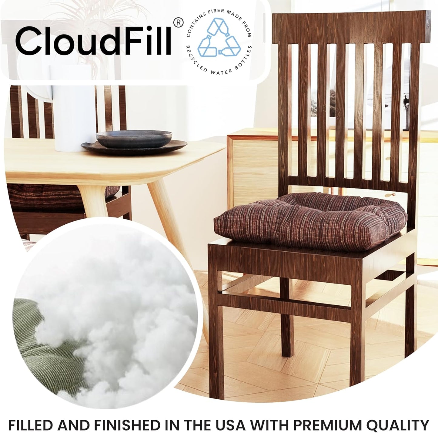 Klear Vu Gripper Overstuffed Universal Non-Slip Dining Chair Cushions, 2 Count for Kitchen Decor, Chenille Chocolate