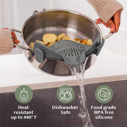 Kitchen Gizmo Snap N' Strain Clip On Strainer for Pots and Pans - Collapsible Silicone Pasta Strainer and Kitchen Gadget for Cooking - Easy to Use, Heat Resistant and Space Saving Colander - Green